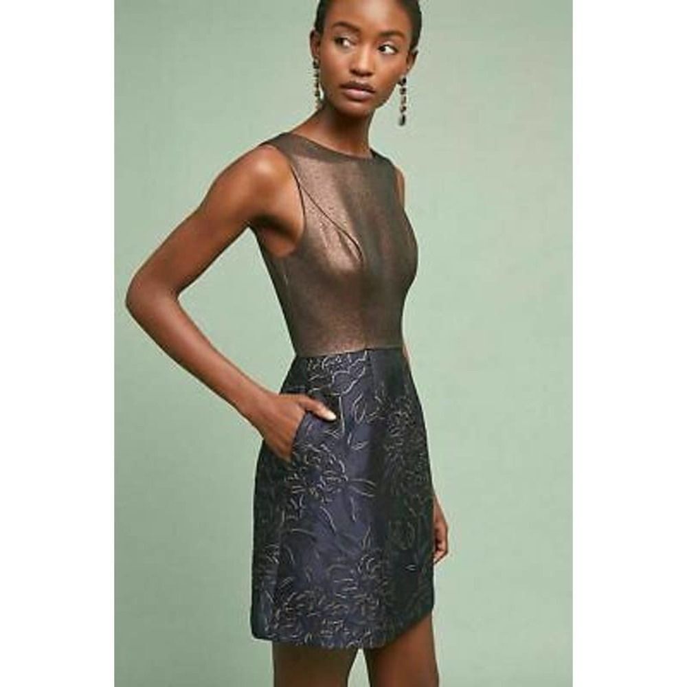 Anthropologie Hutch Lina copper tank blue brocade skirt sheath dress womens 12